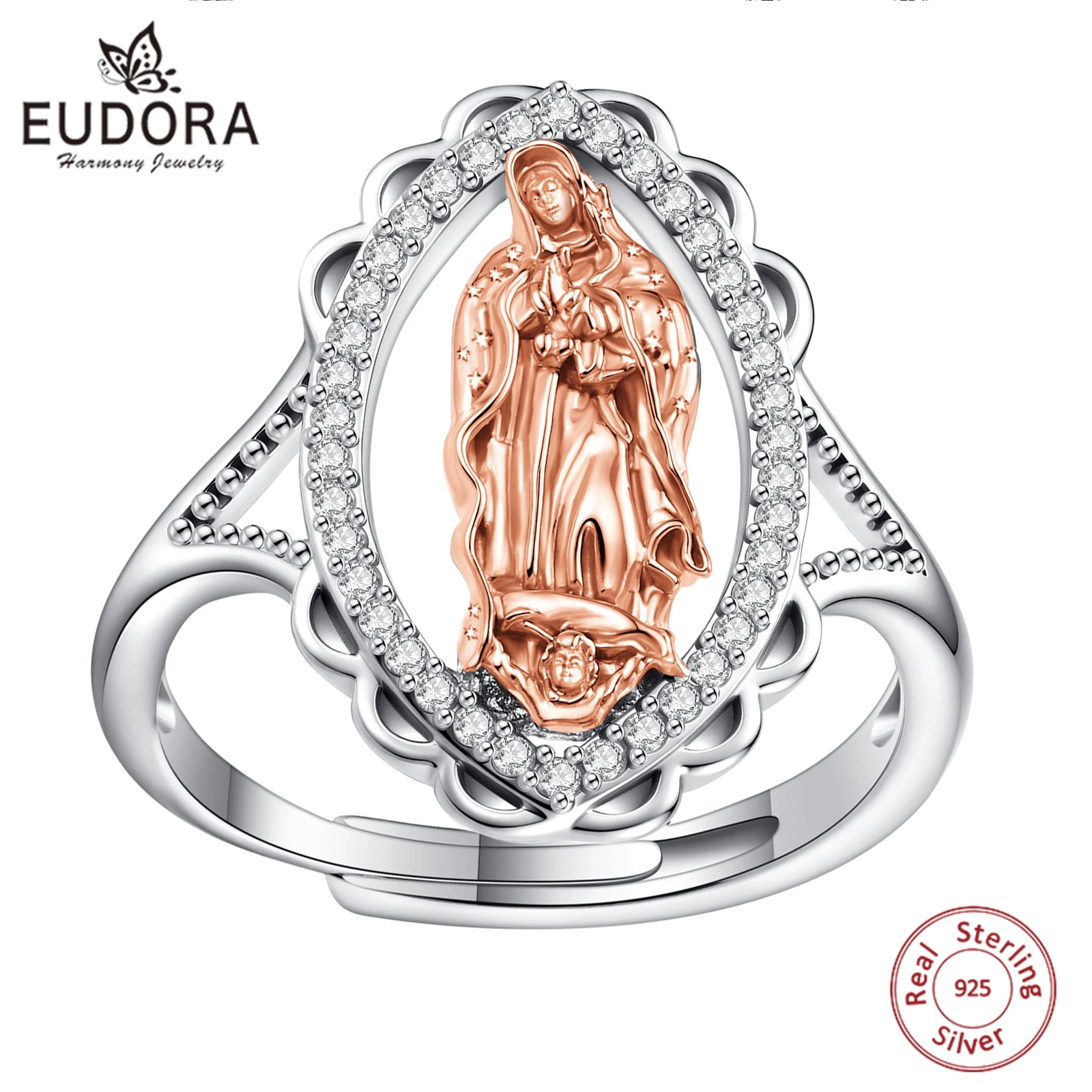 Eudora 925 Sterling Silver Virgin Mary Medal Adjustable Ring Our Lady of Guadalupe Ring Religious Jewelry Catholic Gift Women