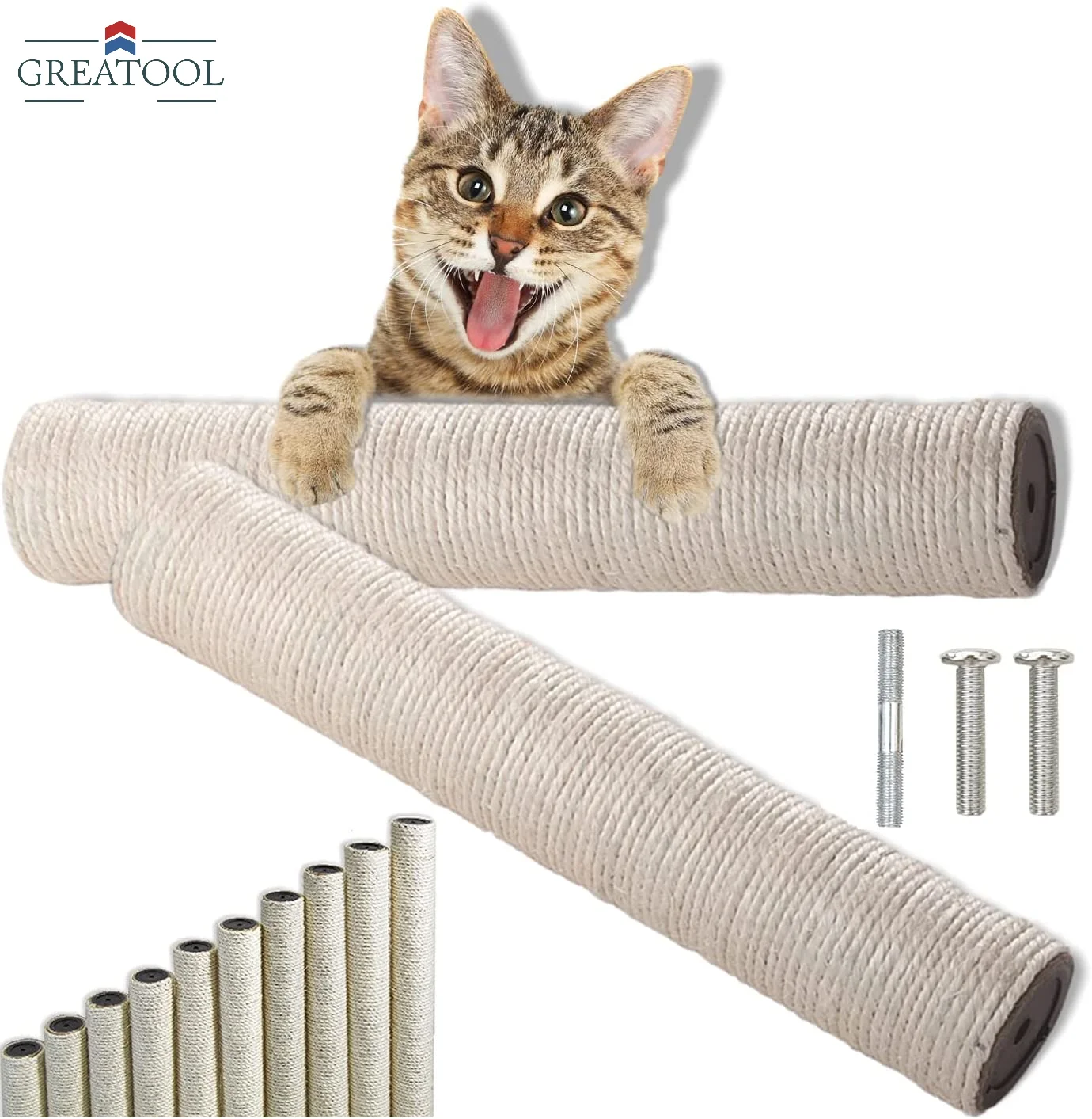 GREATOOL cat scraper Post replacement, authentic Sisal with inner, 6cm/ 9cm thread of various lengths 20cm, 33cm , 40cm, 50cm, 60cm, 10MM Bull, including accessories