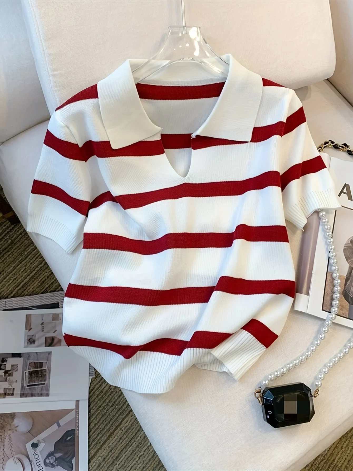 Sweter z kołnierzykiem w paski, uniwersalny krótki rękaw, dzianinowy top na wiosnę i lato, odzież damska, crop top, nowy wzór 2026. — zdjęcie 2