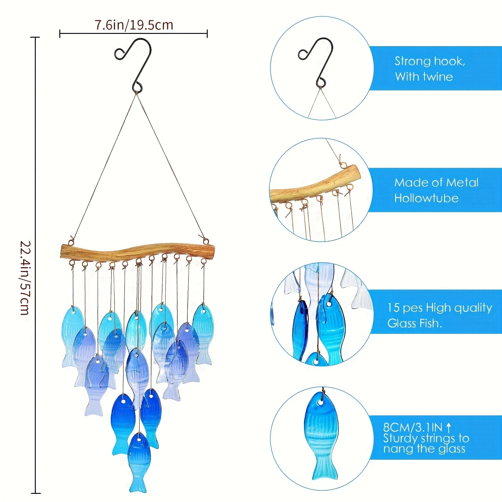 Handmade Blue Glass Fish Wind Chime - Outdoor/Indoor Hanging Decoration With Vibrant Spherical Fish, Garden, Terrace, Beach Part - view 2