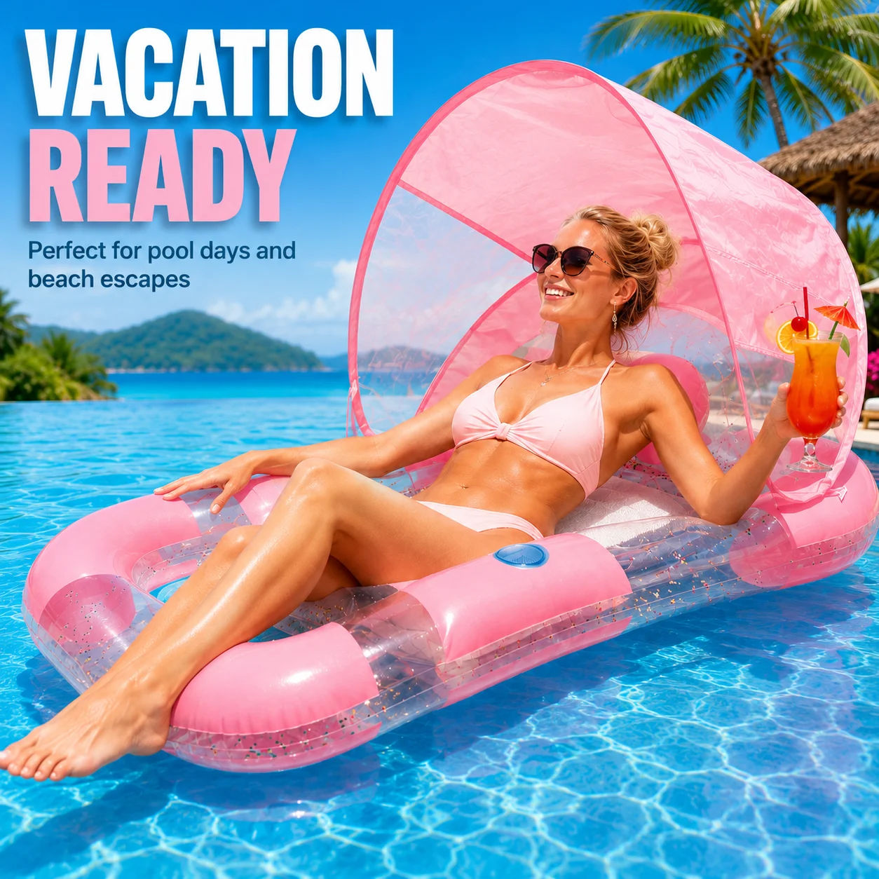 1PC Inflatable Pool Float with Canopy Sunshade, Lounge Raft Mesh Bed Cup Holder, Transparent Water Hammock Summer Pool Lounger