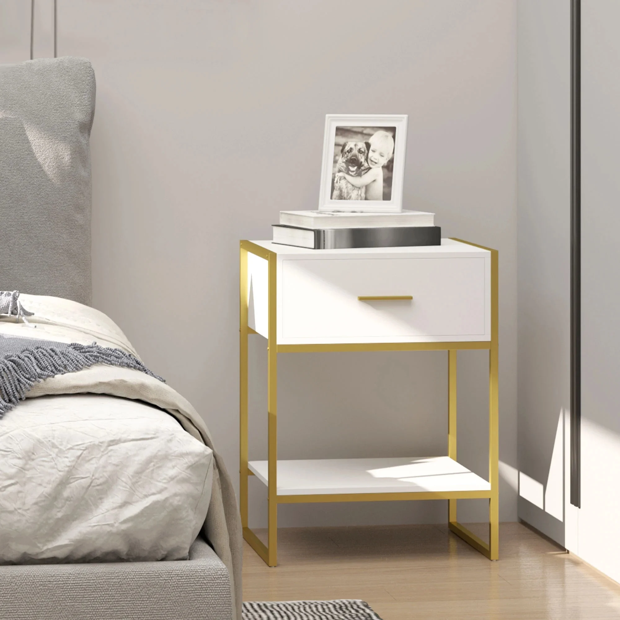 HOMCOM Modern Bedside Table Side Table Nightstand w/ Drawer Shelf White Gold