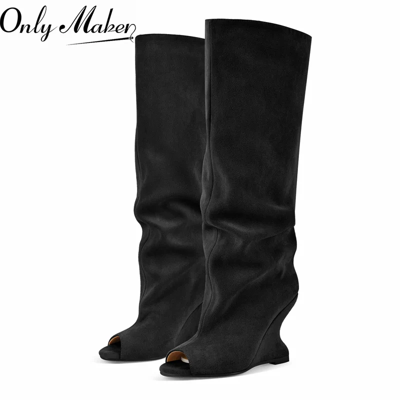 

Onlymaker/женские сапоги до колена с открытым носком на танкетке, с напуском, на высоком каблуке, с широким и открытым носком, с круглым носком, из искусственной замши