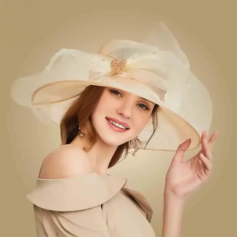 FS beżowy biały Organza szerokie rondo kapelusze przeciwsłoneczne dla kobiet kapelusze kościelne kobiety elegancki Kentucky Derby kapelusz panie duża kokarda Fedora — zdjęcie 2