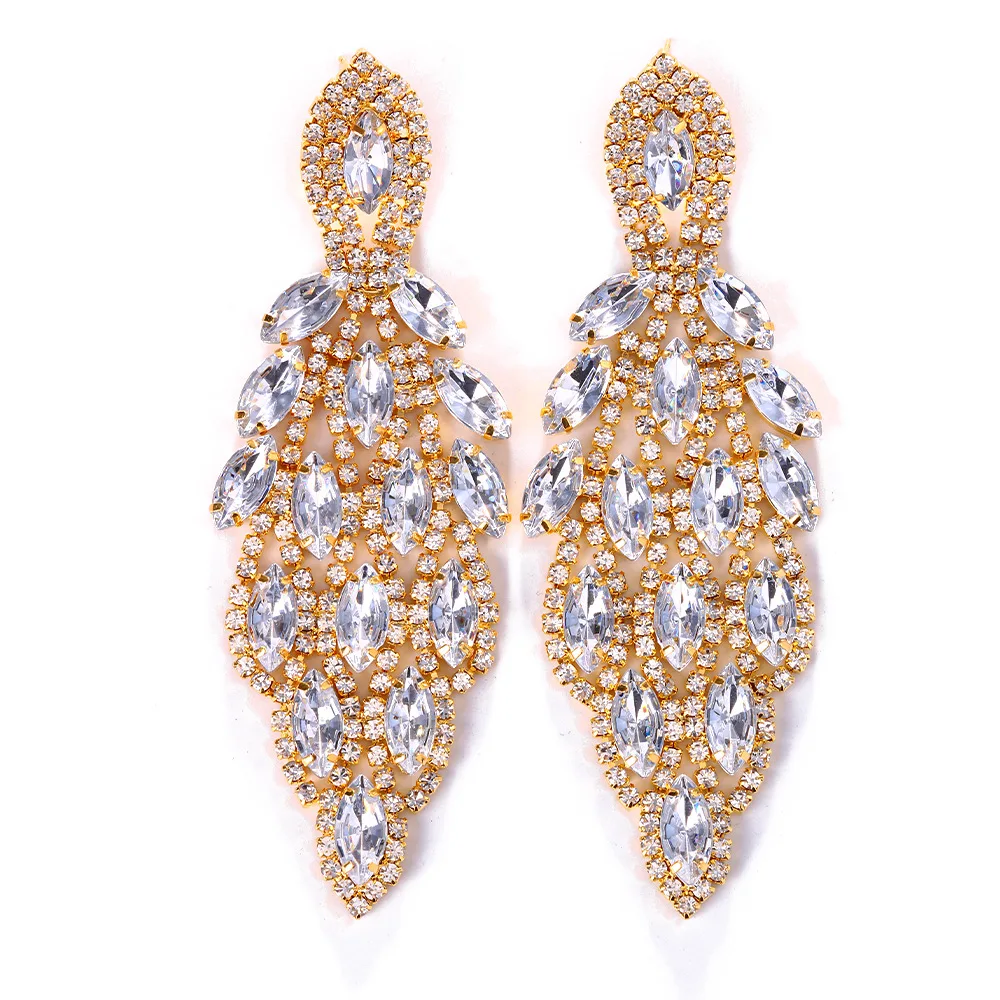 Ins Fashion Colorful Rhinestone Leaf Dangle Earrings for Women 2023 Shiny Water Drop Crystal Earrings Drag Queen Jewelry