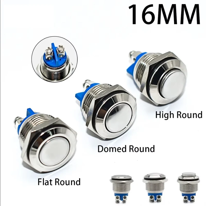 16mm 1NO High Flat Head Waterproof Momentary Reset Metal Push Button Switch Screw Terminal Car Engine Doorbell PC Power Switch