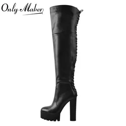 Onlymaker Platform Over The Knee Boots Women  Black Matte Chunky High Heel Side Zipper Plus Size Party Dress Winter Boots Shoes