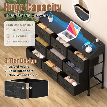 臥室梳妝台,9抽屜梳妝台,帶LED燈和充電站 - 黑色 10 最佳銷售 九抽屜櫃 - №8