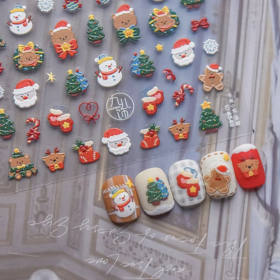 1pcs Christmas Bear Nail Sticker 5D Embossed Santa Claus Bow Apple Adhesive Nail Art Stickers DIY Japan Nails Decorations Decals