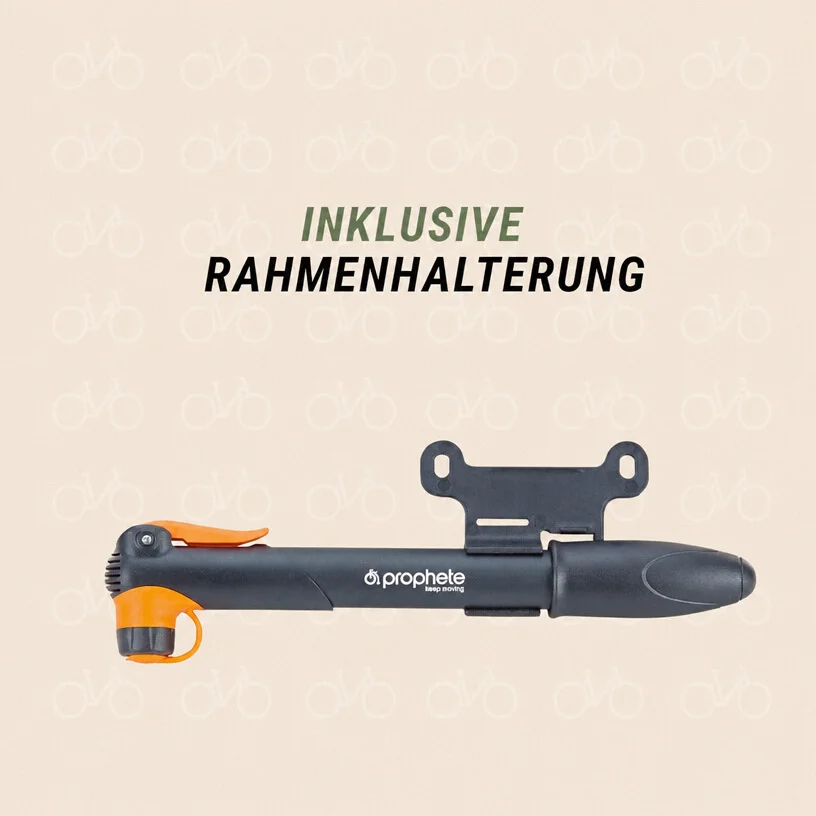 Prophete Mini‑Luftpumpe – 8 bar Pumpdruck, für alle Ventilarten, inkl. Rahmenhalterung, kompakt 235 mm, leichte Kunststoffpumpe – Fahrradpumpe schwarz