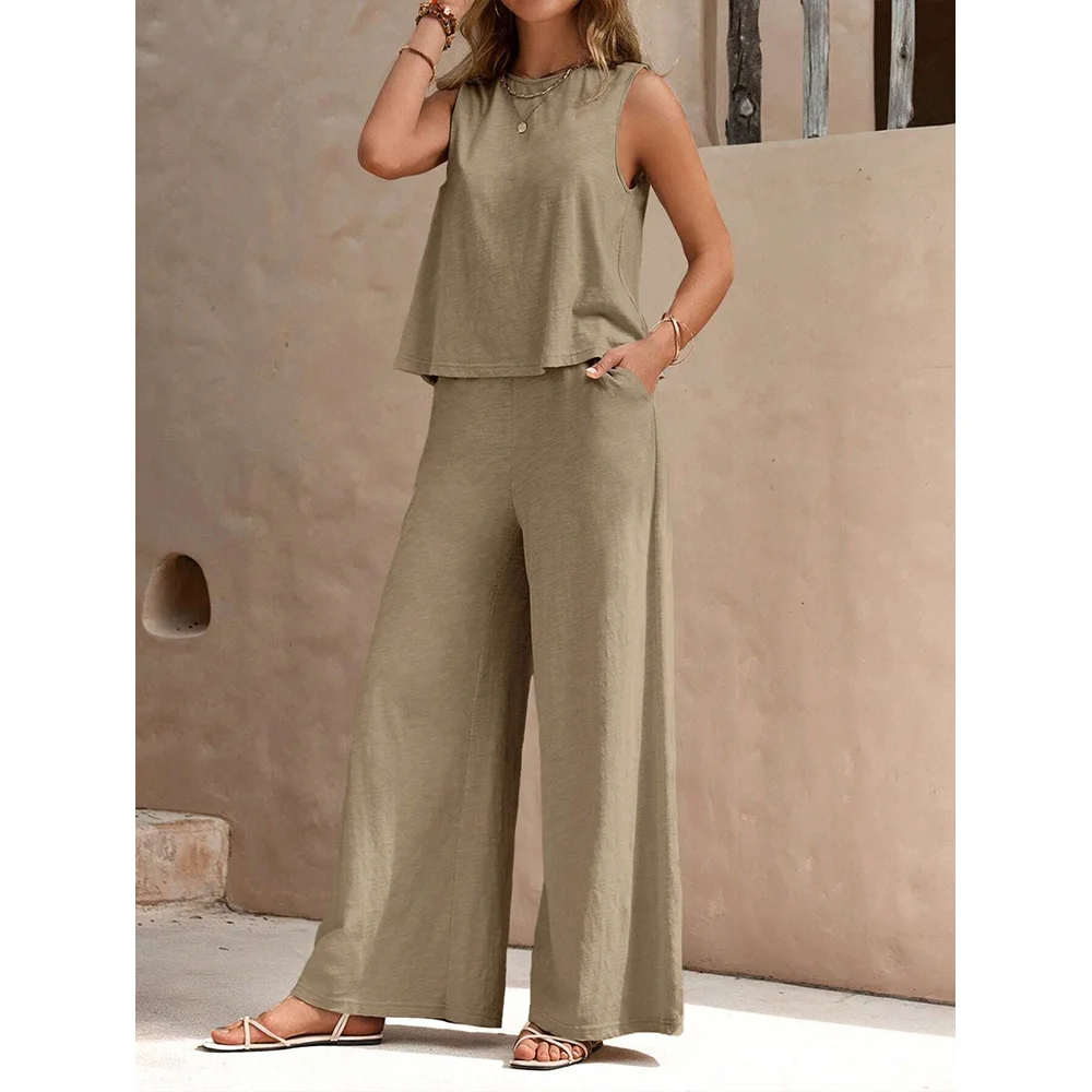 Summer New Women\'s Suit Solid Color Chiffon Sleeveless Top And Pants Set Light Breathable Loose Comfortable Sexy Elegant S-XL