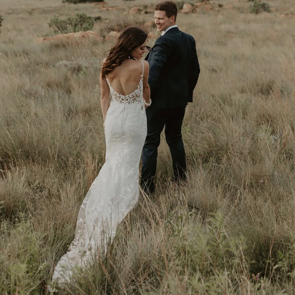 Alças de espaguete sereia bordado laço vestido de casamento feito sob encomenda aberto voltar ver através de alças de espaguete v pescoço vestidos de noiva