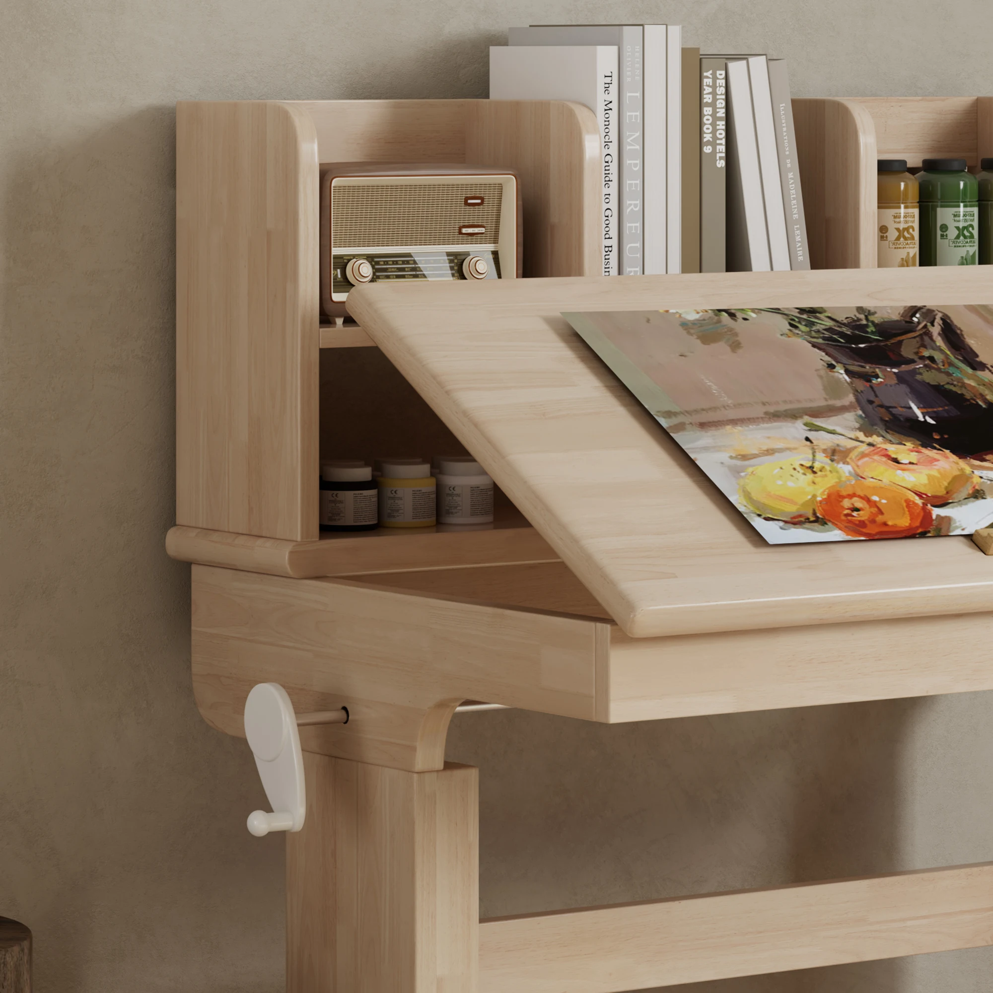 Höhenverstellbarer Kinderschreibtisch, 92x60x89cm Massivholz-Kinderschreibtisch mit Kurbelhubmechanismus, neigbare Tischplatte 0-43°, Stauraum, Sicherheitszertifiziert für Kinder ab 6 Jahren,