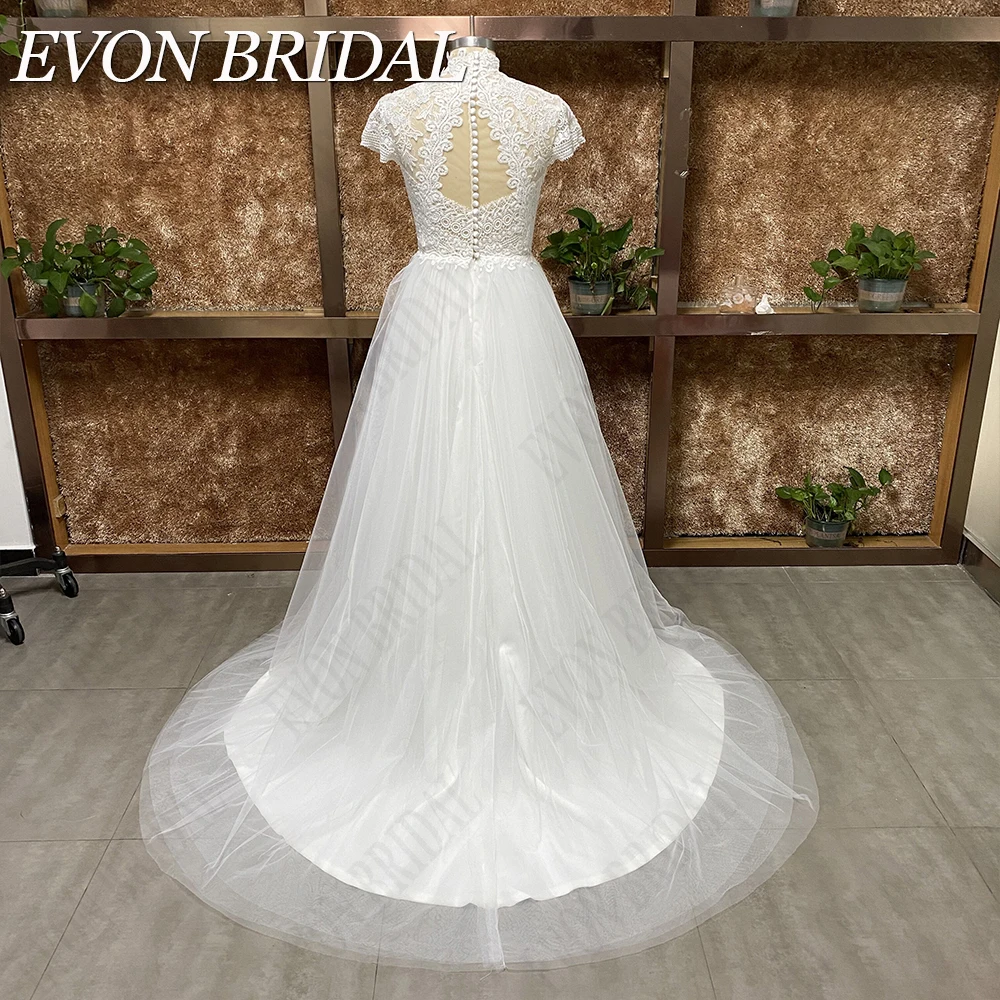 EVON BRIDAL High Neck Wedding Dress Cap Sleeves Lace Robe De Mariée Women Tulle A-Line Illusion Buttons Bride Gown Real Picture