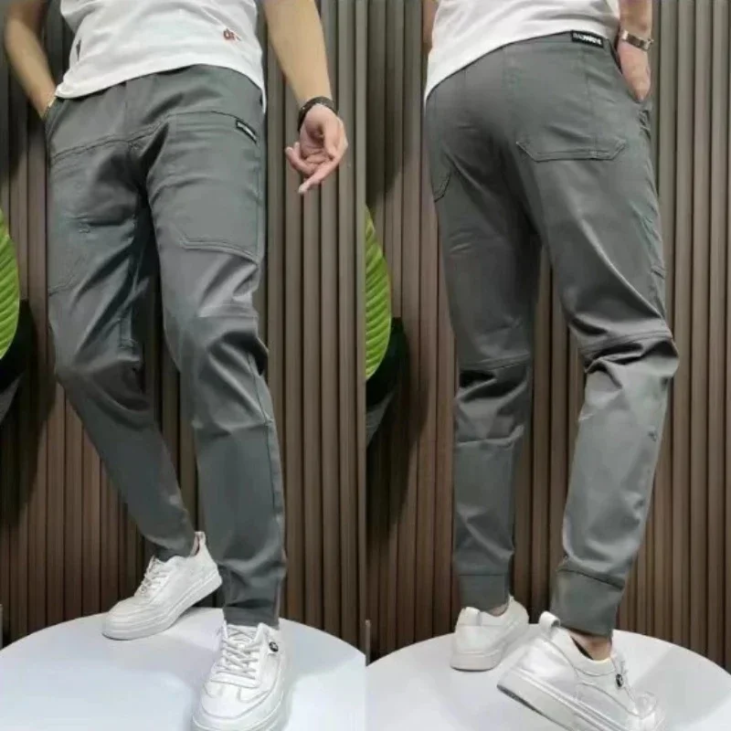 Neue Frühling Sommer koreanische Baggy Herren High Stretch Multi-Pocket Skinny Cargo hose Luxus Denim Arbeit tragen Cargo Casual Jogger