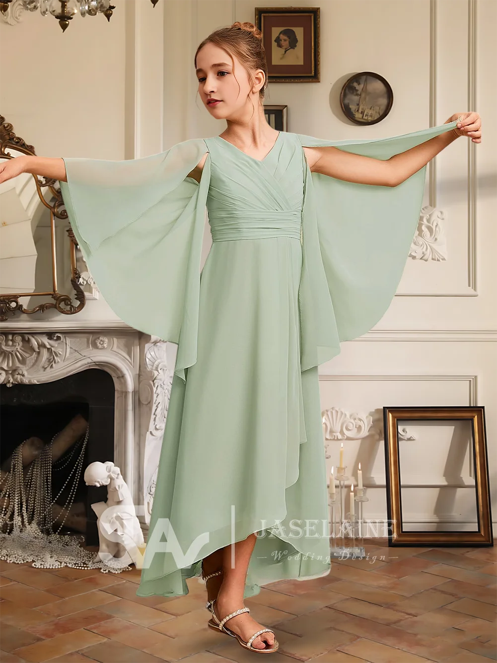 

A Elegant A-Line V-Neck Asymmetrical Chiffon Junior Bridesmaid Dress Flower Girl Dress Long Sleeve Girls Party Formal Wedding