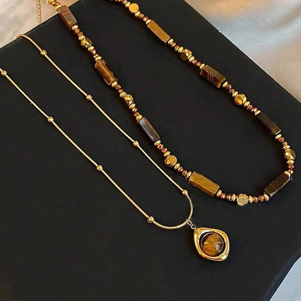 Vintage Elegant Multi-Layer Tiger Eye Stone Pendant Necklace, Double-Layer Clavicle Chain Jewelry Set, Fashion Jewelry, Best Fri
