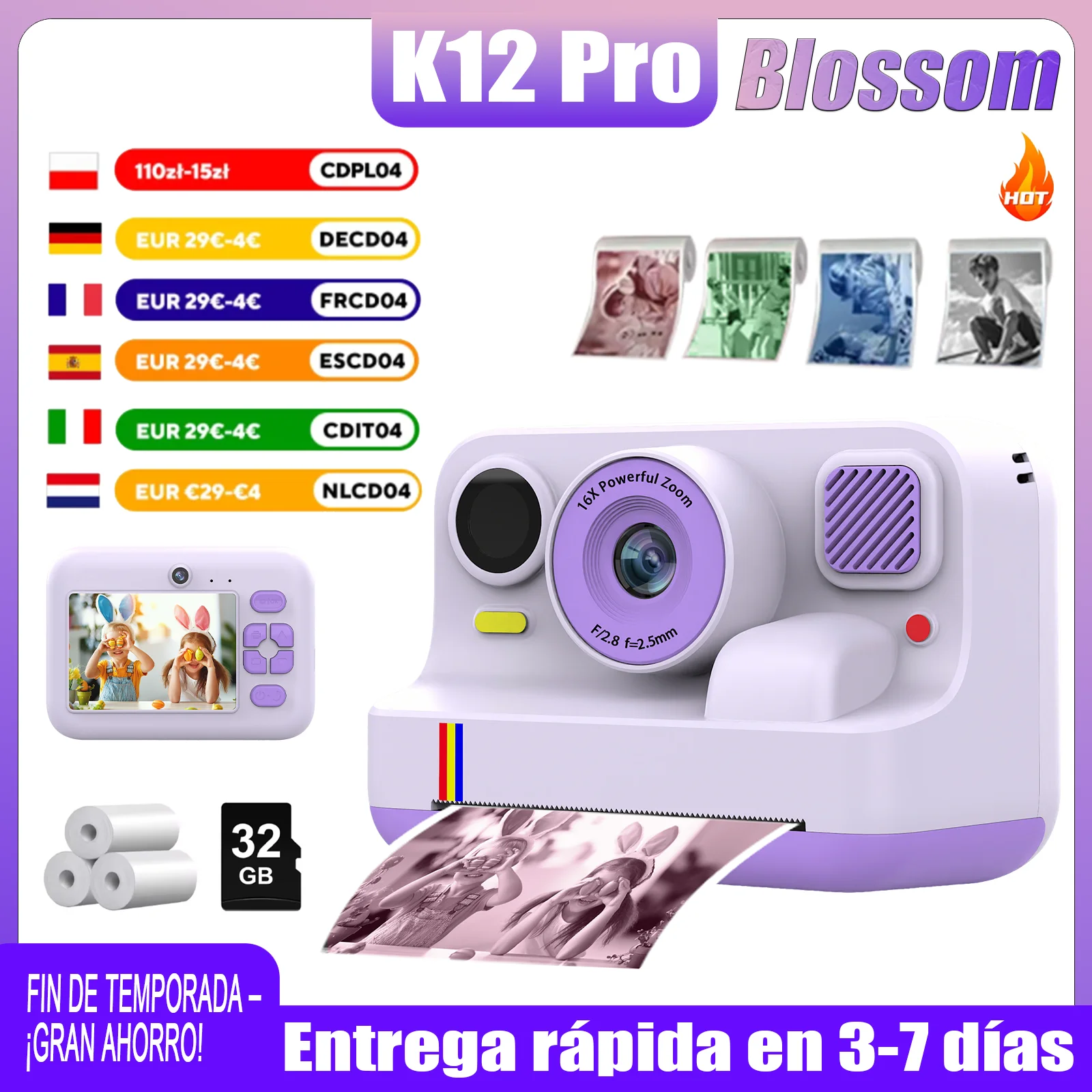 Cámara Infantil Blossom K12 Pro con Impresión Inmediata - 48MP 1080P HD Doble Lente, Bluetooth, Impresión en Color - Regalo Juguete para Niños de 6 a 12 Años