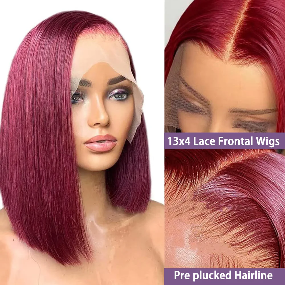 Borgonha, peruca curta transparente HD para mulheres, perucas de cabelo humano, brasileira, 99J, vermelha, reta, 13x4, frente de renda, pré-arrancada