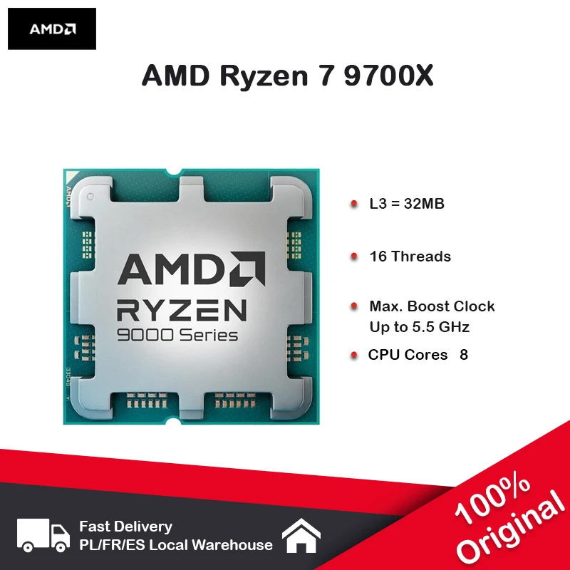 Processeur AMD Ryzen 7 9700X 5.5GHz 8 cœurs 16 threads 40 mo de mémoire de jeu 4NM TDP 65W prise AM5 CPU de jeu Zen 5