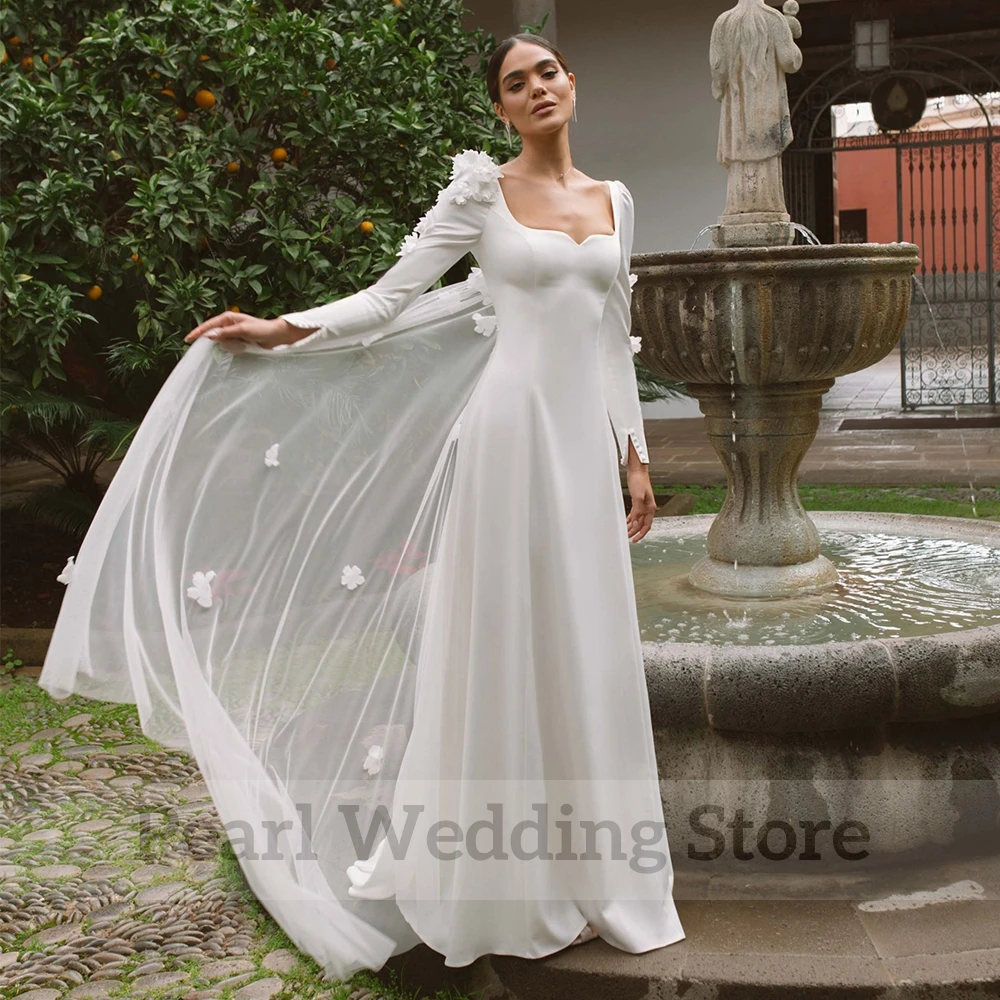 Abito da sposa a maniche lunghe con colletto quadrato Chic classico a-line lunghezza del pavimento con fiori tridimensionali abiti Sexy aperti sul retro