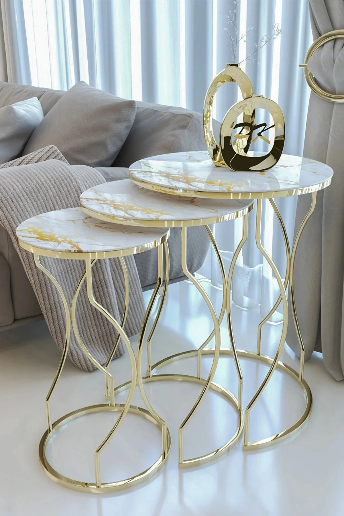 Decorative Set of 3 Nesting Coffee Table Unbreakable Tempered Glass Unique Modern Marble Patterned Gold Leg Set for Living Room