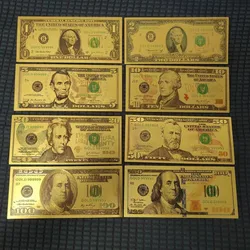 Notas de folha banhadas a ouro do dólar americano, papel falso, artesanato para coleção, decoração de casa, 7 pcs, 8 pcs, 36pcs