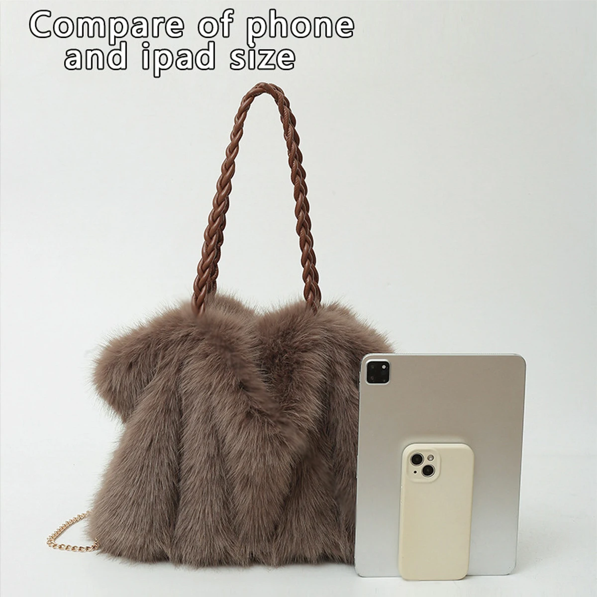 Women\'s Fashionable Plush Large Capacity Tote Bag High-end Pleated Fox Fur Shoulder Crossbody Bag Commuter Bag with Metal Chain