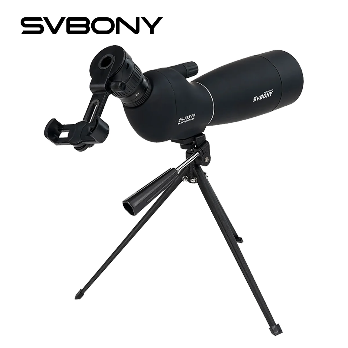 Svbony Sv28 Plus 2575×70 Luneta de Focalização Monocular com Tripé de Mesa e Adaptador para Smartphone para Tiro ao Alvo