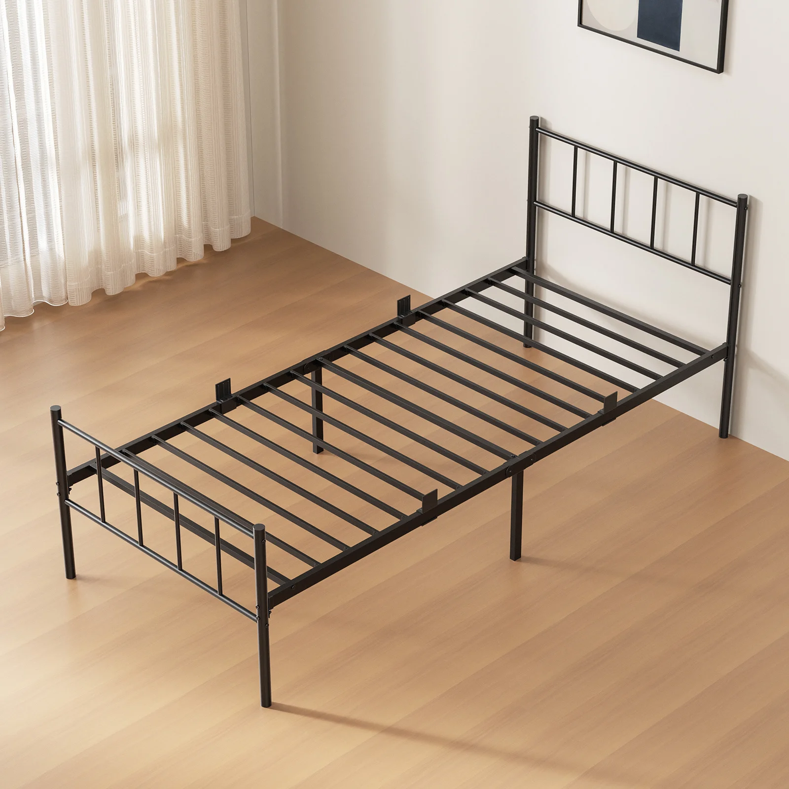 Single bed frame 90x200 cm with headboard, Platform Bed with 32cm Storage, 9 bed legs and 14 metal slats, sturdy and quiet, Black