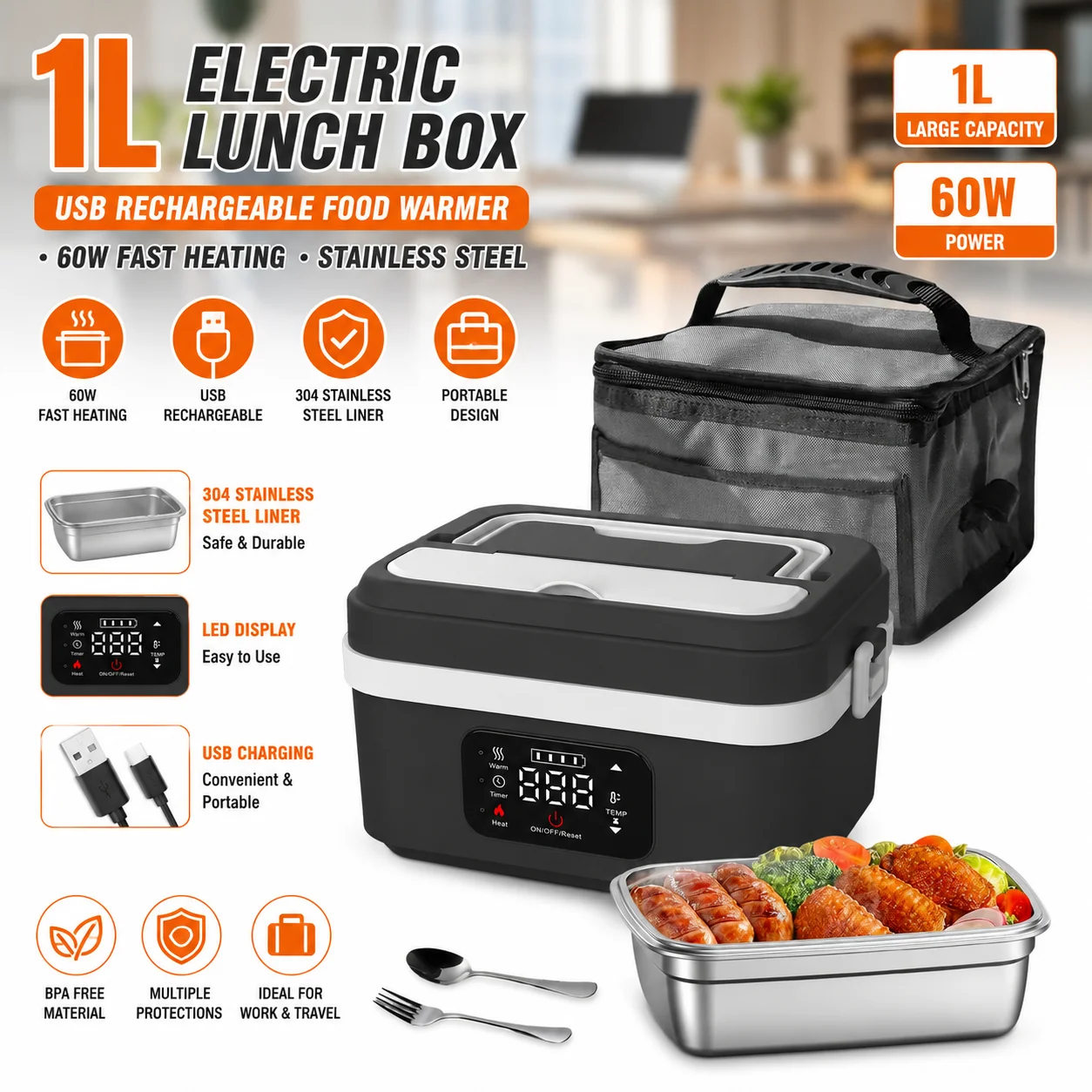 1L Beheizte Lunchbox, Tragbarer Elektrischer Speisenwärmer, 304 Edelstahl, 15-30min Schnelles Aufheizen, 65-90 ° C, 4000mAh wiederaufladbar für Büro und Auto