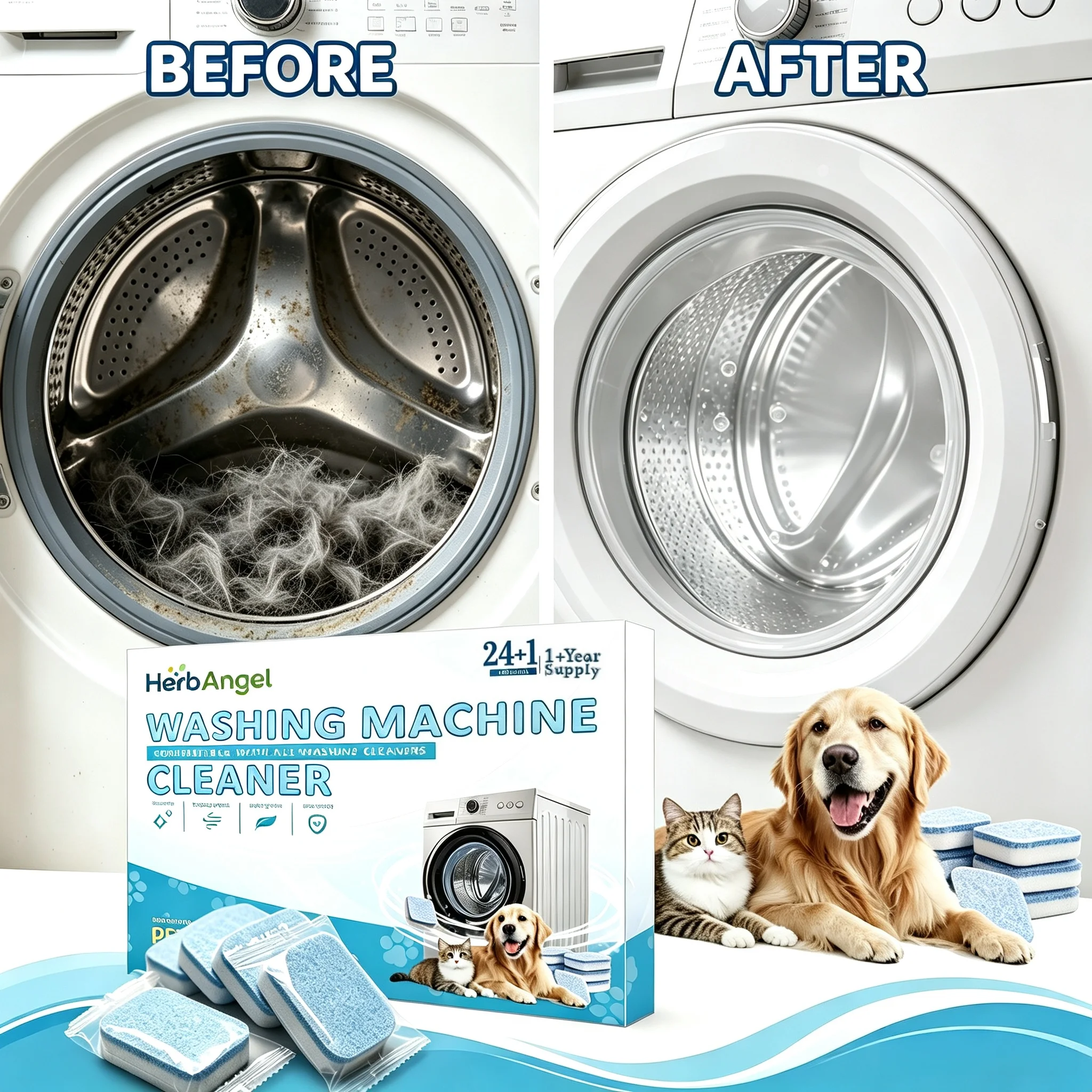 24/48 Pcs Washing Machine Cleaner Tablets Remove Pet Hair Deeply Cleans Stubborn Dirt    Eliminate Odor Washer Drum and Tub Cleaning  No Residue Descaling Deodorizer Septic Safe for All Models Household Laundry Care Tools
