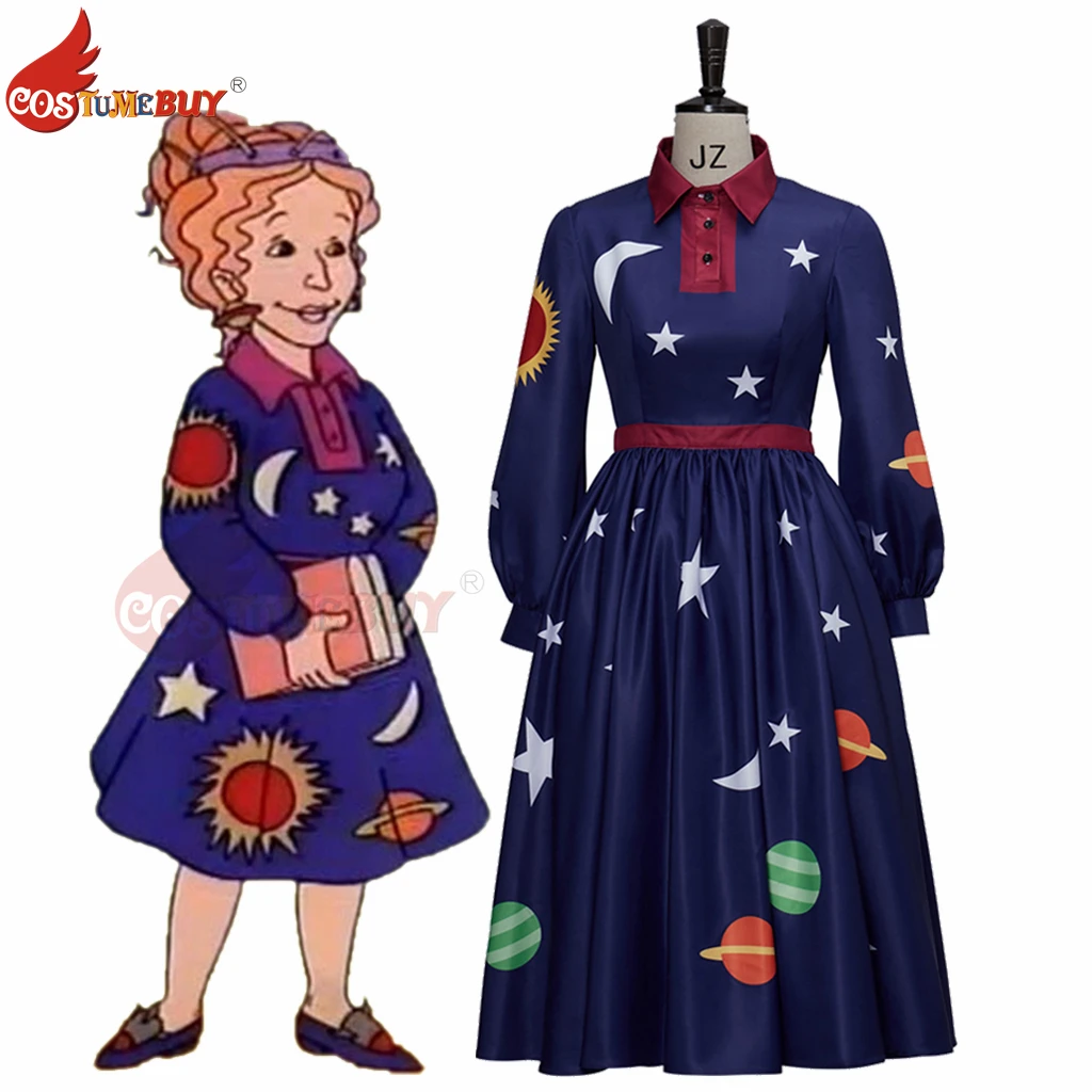 

The Magic School Bus Ms. Frizzle Cosplay Costume Long-Sleeved Dress ,The Friz Professor Dark Blue Printed Skirt Outfit For Women