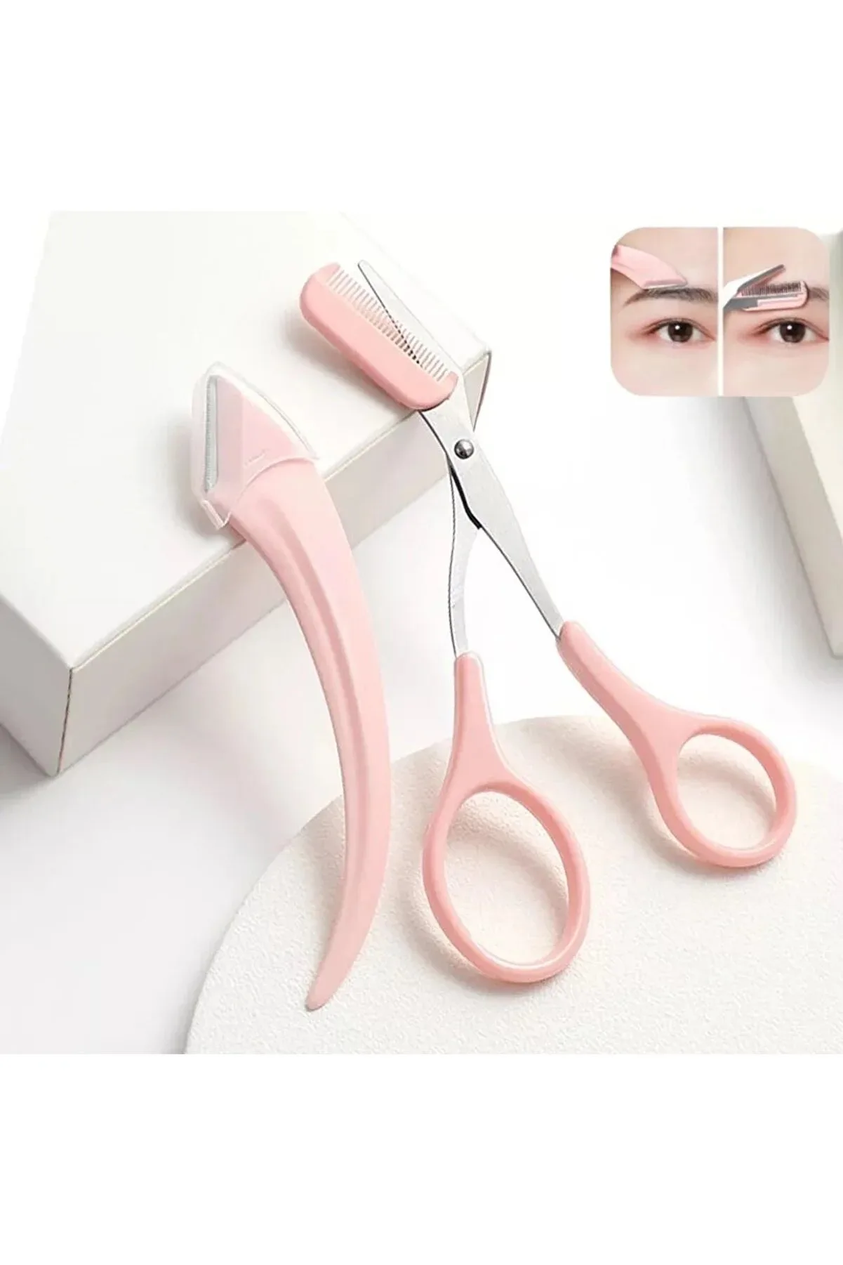 Eyebrow and Mustache Set Combed Eyebrow Mustache Scissors and Eyebrow Razor Set Stainless Steel Easy Use Pink Color Set of 2