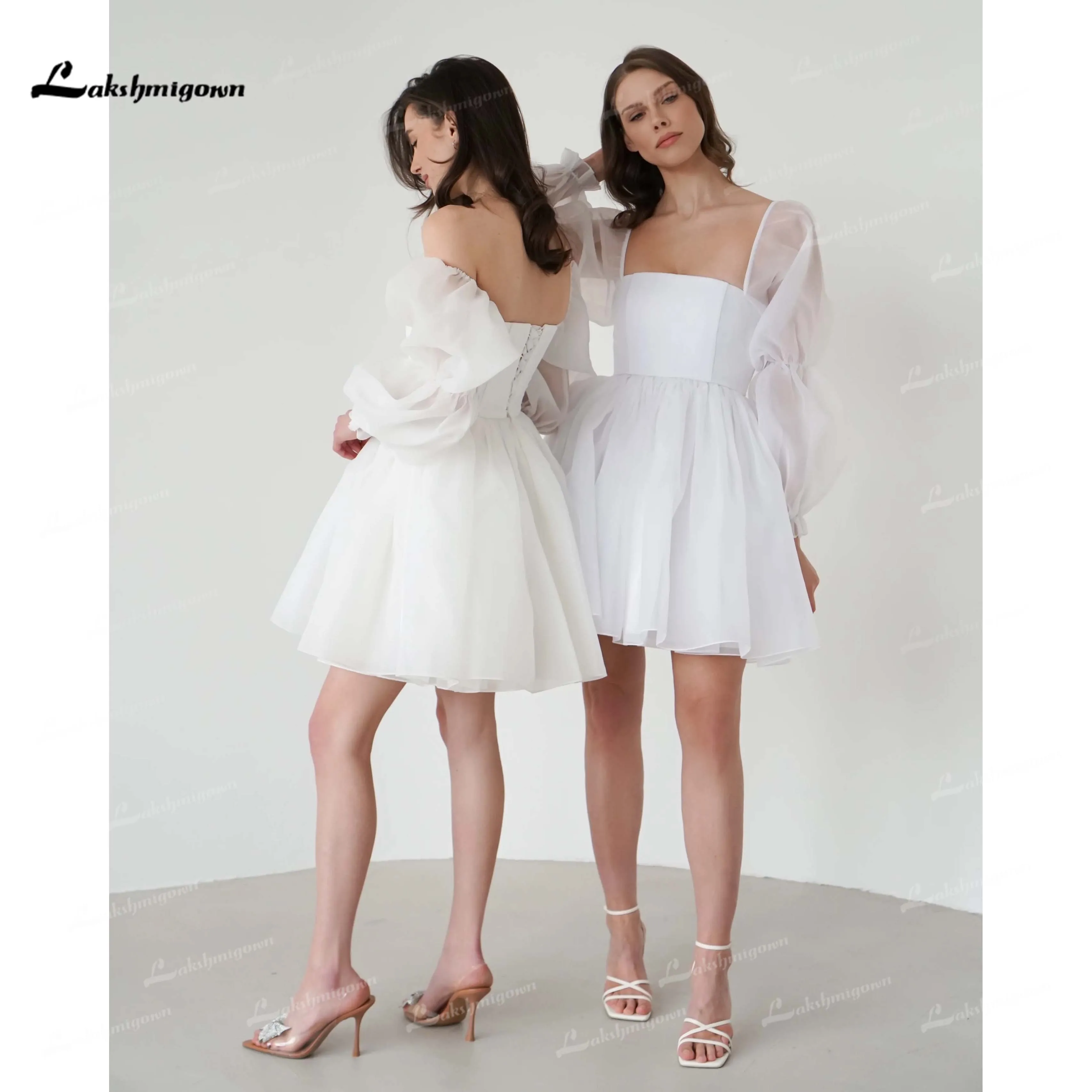 

Lakshmigown Illusion Long Sleeves Short Wedding Dress 2026 Charming Square Neck A-Line Bridal Dress Vestidos De Novia Customized