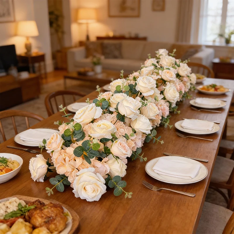 

126cm Champagne Rose Artificial Flower Row with Eucalyptus for Wedding Arch Backdrop Table Centerpiece Decor