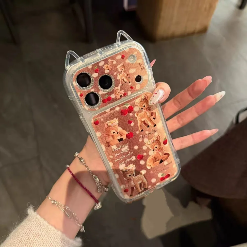 

Cute new 3D ears cherry deer stand phone case for iPhone17 16 ProMax 14 15Pro phone case fashion new shockproof protective cover