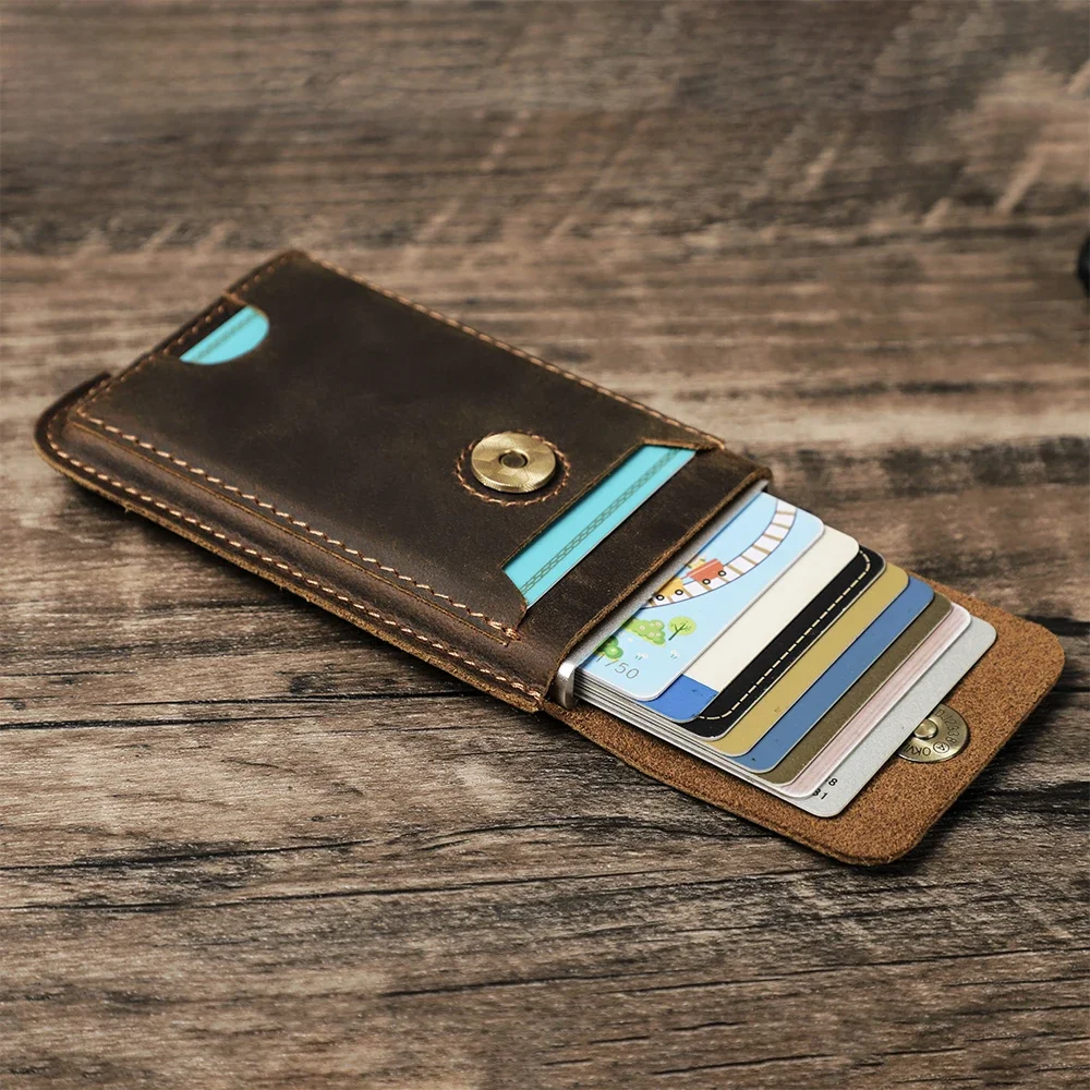 Hiram Vintage prawdziwej skóry RFID blokujący portfel z etui na karty dla mężczyzn luksusowy portfel na karty aluminiowy metalowy wąski uchwyt na karty — zdjęcie 2