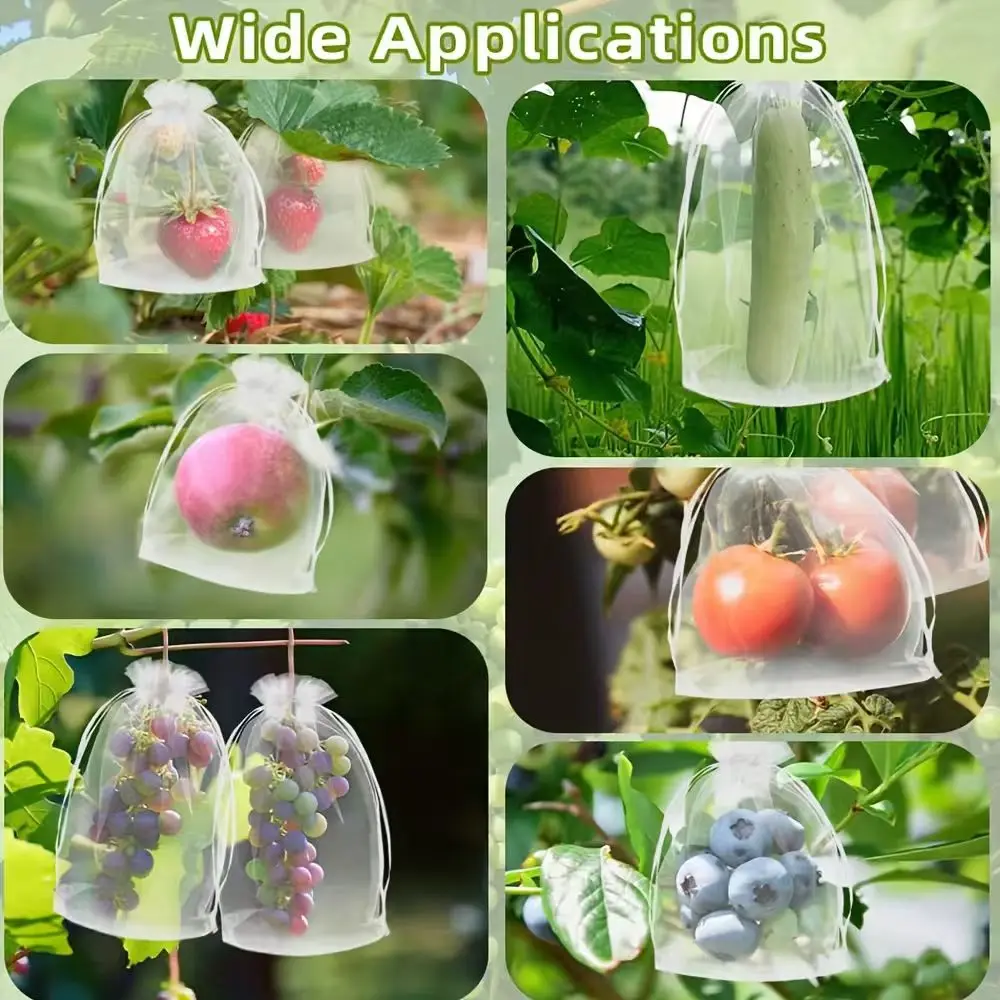 100Pcs Fruit Protection Bags for Fruit Trees Mesh Netting Covers with Drawstring Reusable Bird Insect Protection Garden Plants