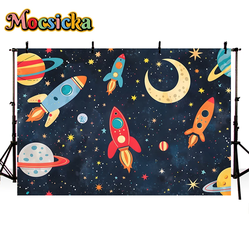 Mocsicka Photography Background Space Planet Rocket Decor Boy Birthday Party Newborn Shower Kids Portrait Backdrop Photo Studio