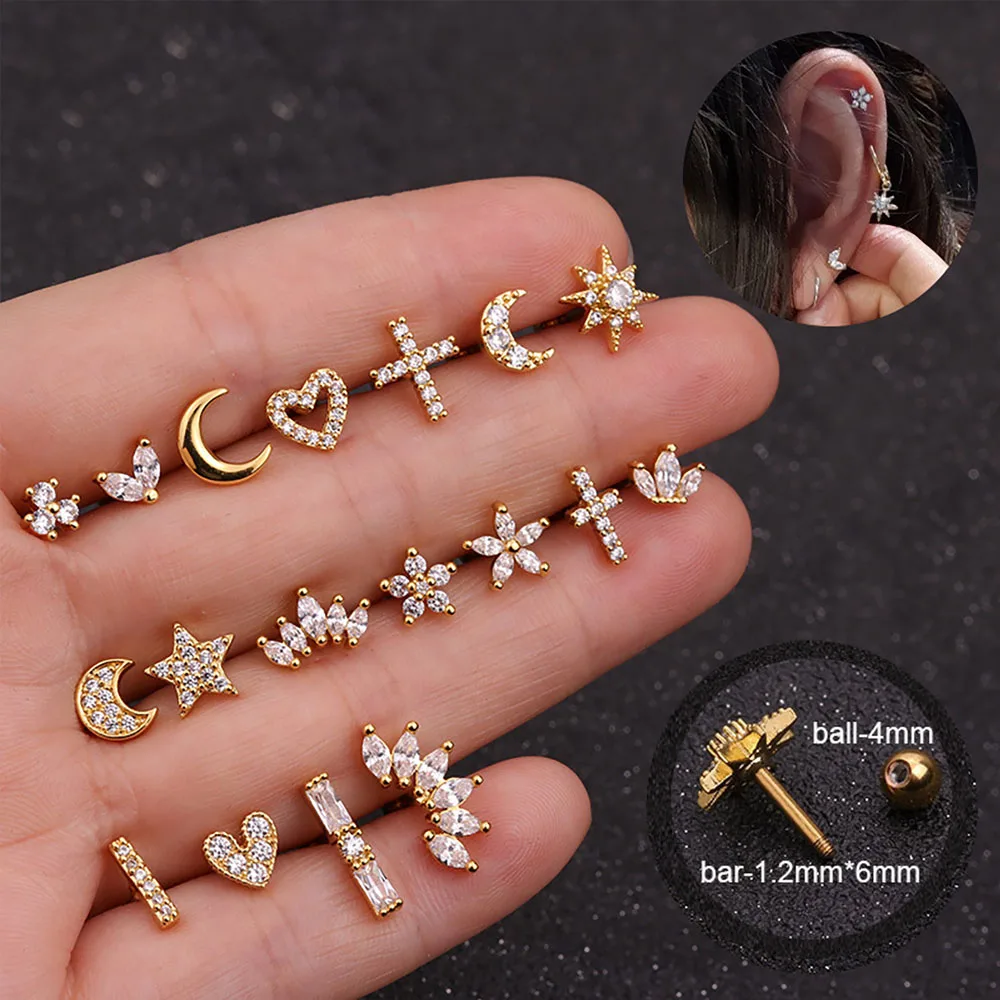 1Pc Helix Ohr Piercing Stud Ohrringe für Frauen Zirkon Herz Blume Krone Ohr Tragus Knorpel Piercing Zubehör Schmuck Geschenk