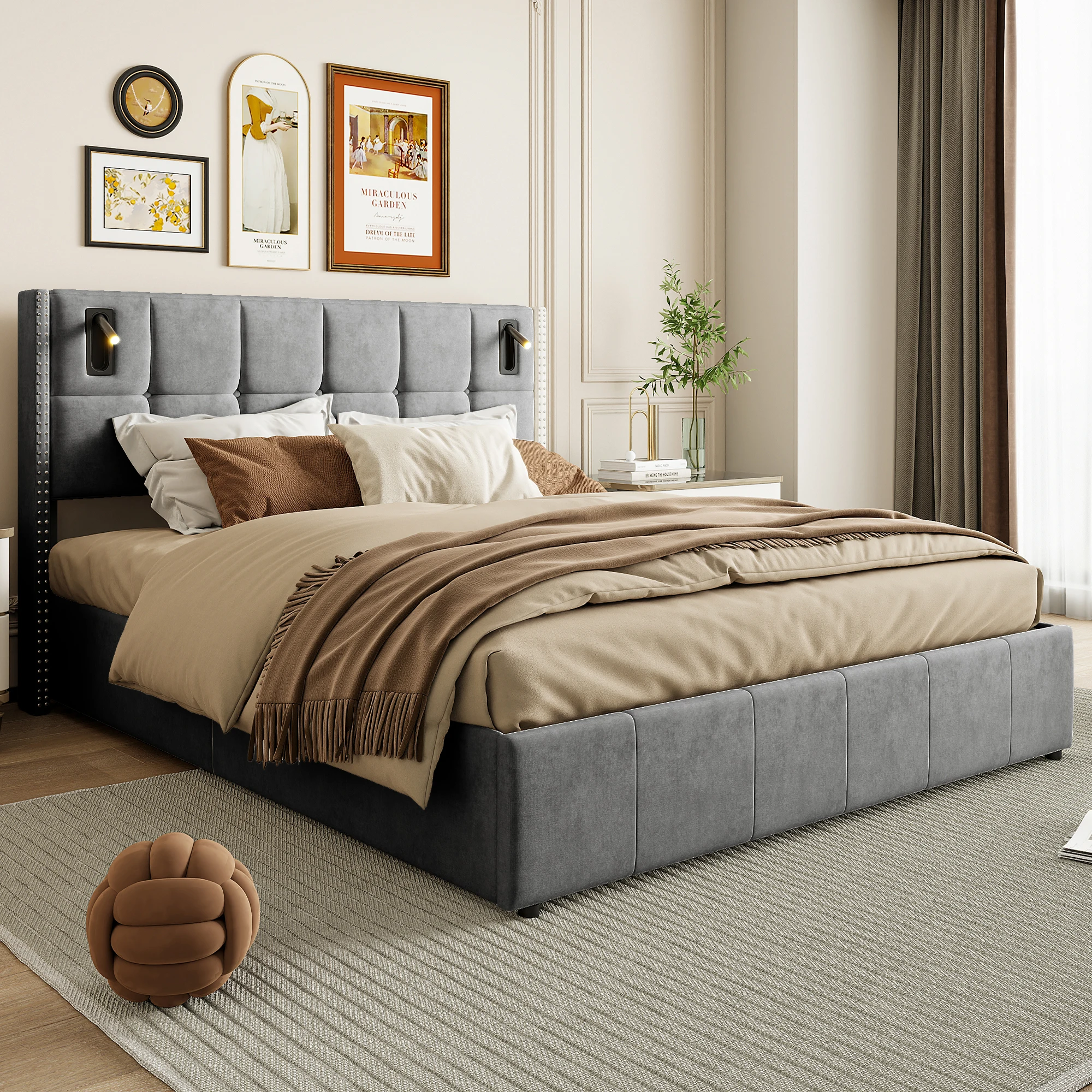Cama tapizada en terciopelo Comanlai, cama doble con base hidráulica y almacenamiento, cabecero con 2 luces de lectura para el dormitorio principal del hogar. ﻿