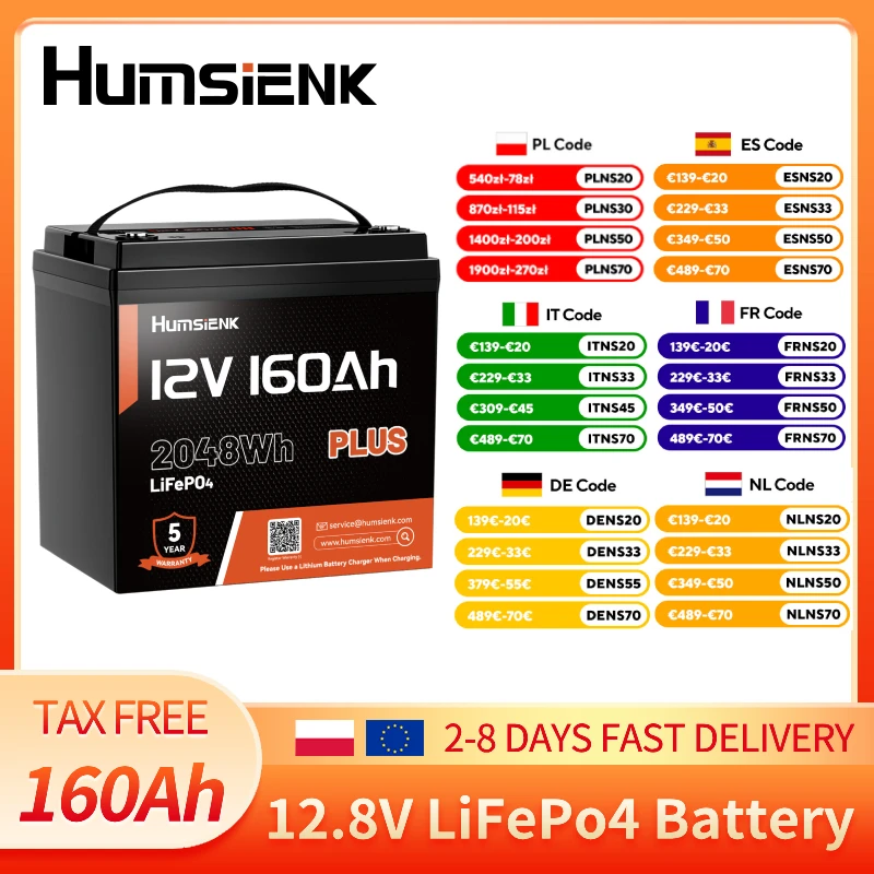 Humsienk 12,8V 160Ah Max LiFePO4 Lithium-Batterie mit integriertem 150A BMS, 2048Wh Energie, 15000+ Zyklen, wiederaufladbare Deep-Cycle Lithium-Eisenphosphat-Batterie für Wohnmobile, Marine, Solar und