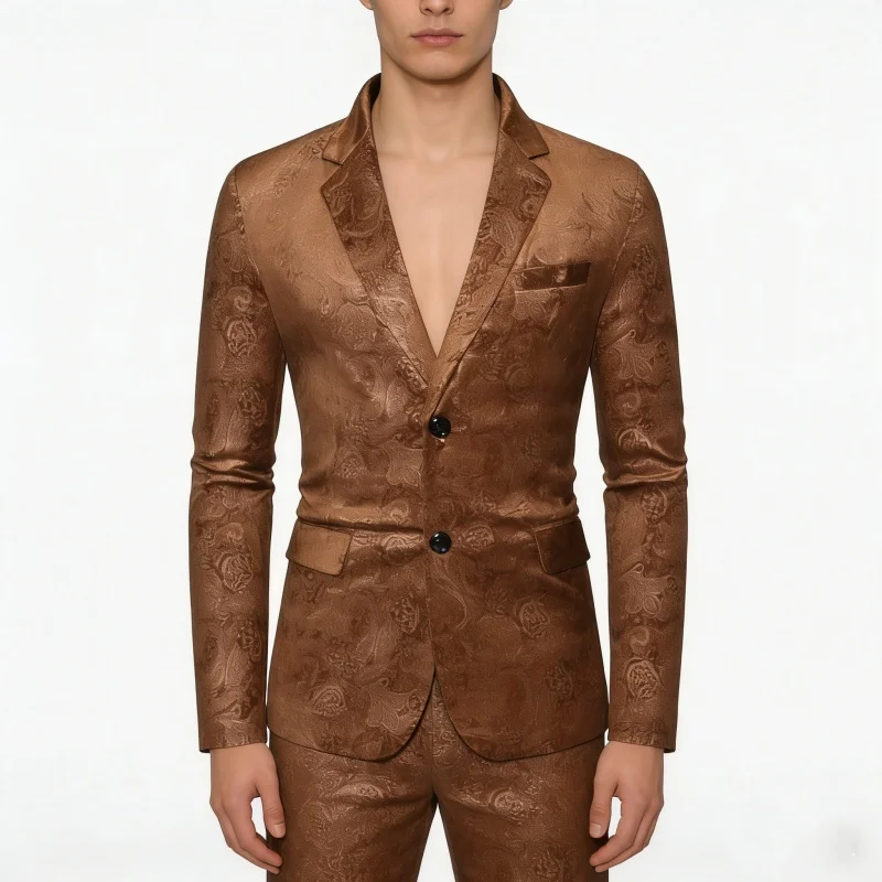 

Men's Brown Jacquard Pattern Suit Set 2025 New Slim Fit Velvet Blazer 2-Piece Formal Party Evening Casual Business Outfit