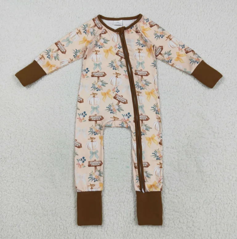 

Infant Kids Fall Long Sleeve Jumpsuits Pumpkin PATCH Flowers Print Baby Girls Fall Zipper Sleeper Romper