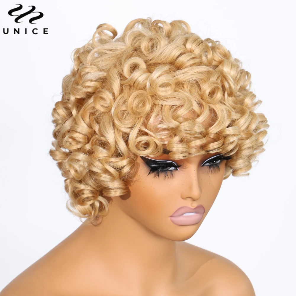 Unice Hair 613 Blonde Bouncy Curly Bob Wig With Bangs 100% Human Hair Full Machine Made Human Hair Wigs for Women