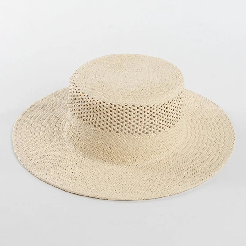 Fashion Women Beige Straw Fedora Hats Ladies Wide Brim Summer Hat Hand Woven Hollow Straw Sun Hat for Derby Travel Beach Hat