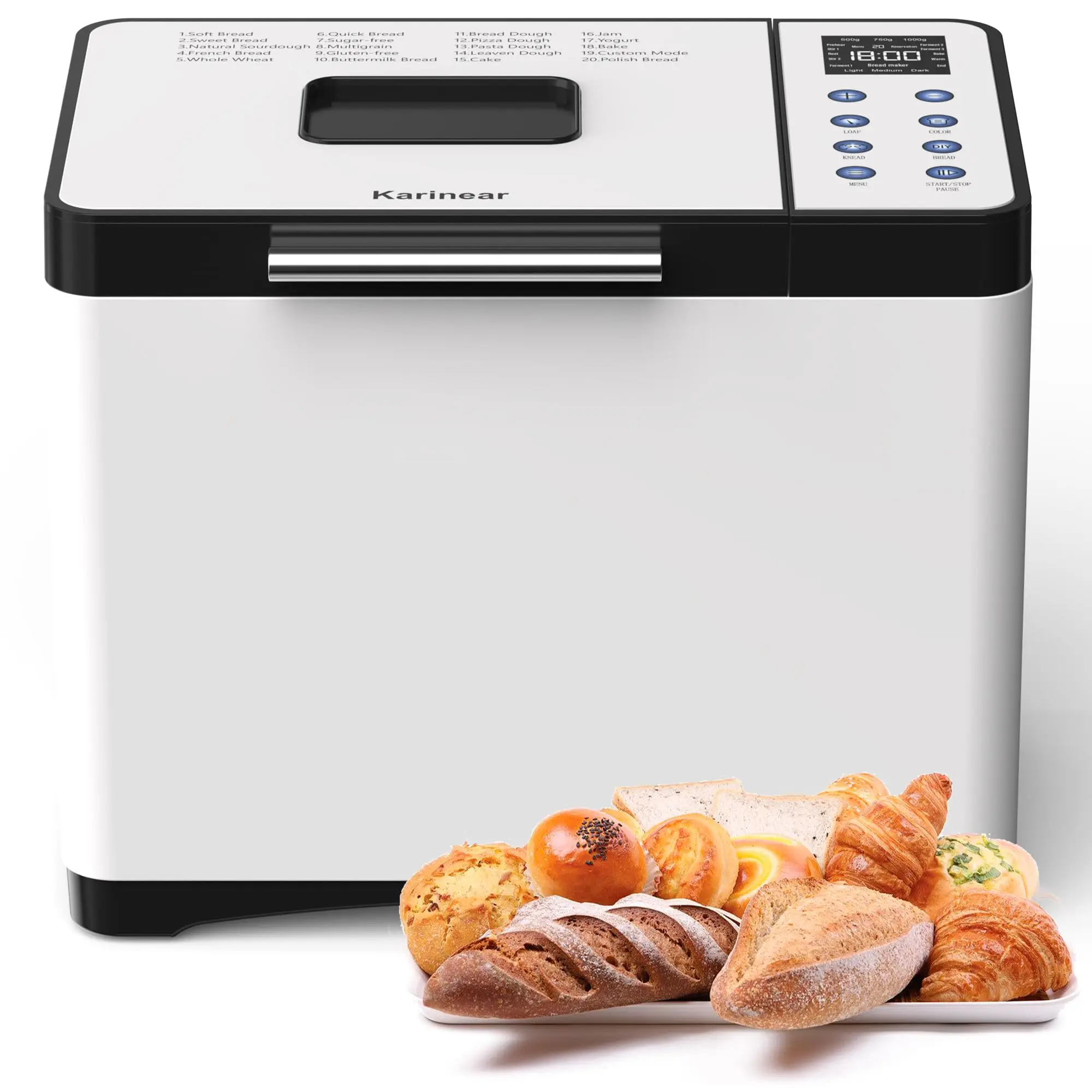Máquina para hacer pan Karinear sin orificios en el pan – 20 programas, temporizador de 15 horas, 3 tamaños de pan y niveles de tostado, máquina para hacer pan de 2 lb, incluye temporizador. Guantes resistentes al calor, blancos