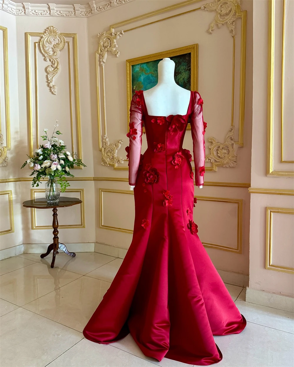 فستان Sansa مخصص باللون الأحمر ثلاثي الأبعاد بأكمام طويلة للحفلات الراقصة وياقة مربعة من Vestidos De Noche بطول الأرض للسهرات الرسمية 2025