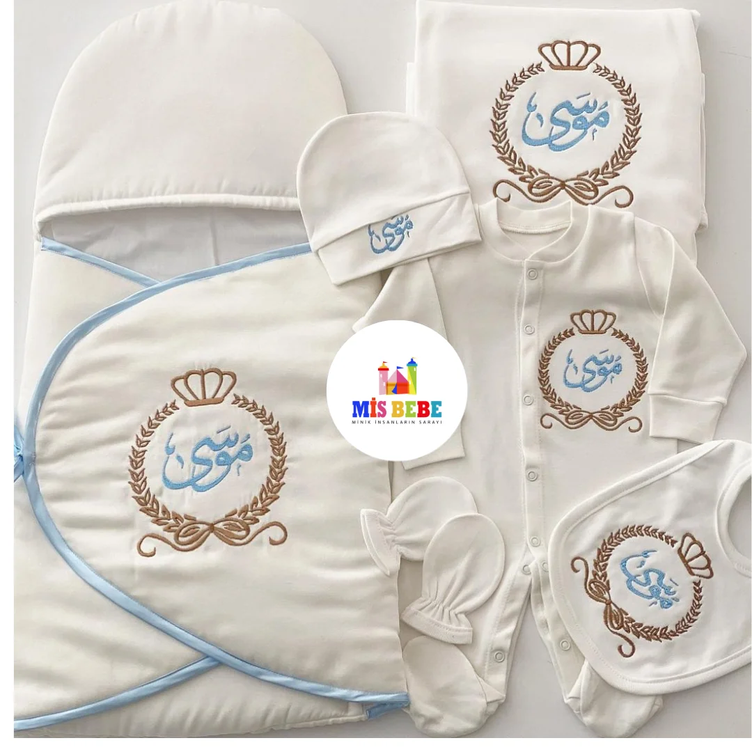 Personalized 6-Piece Newborn Baby Clothing Set - Antibacterial Fabric | Includes Swaddle, Blanket, Overalls, Hat, Gloves, Bib |